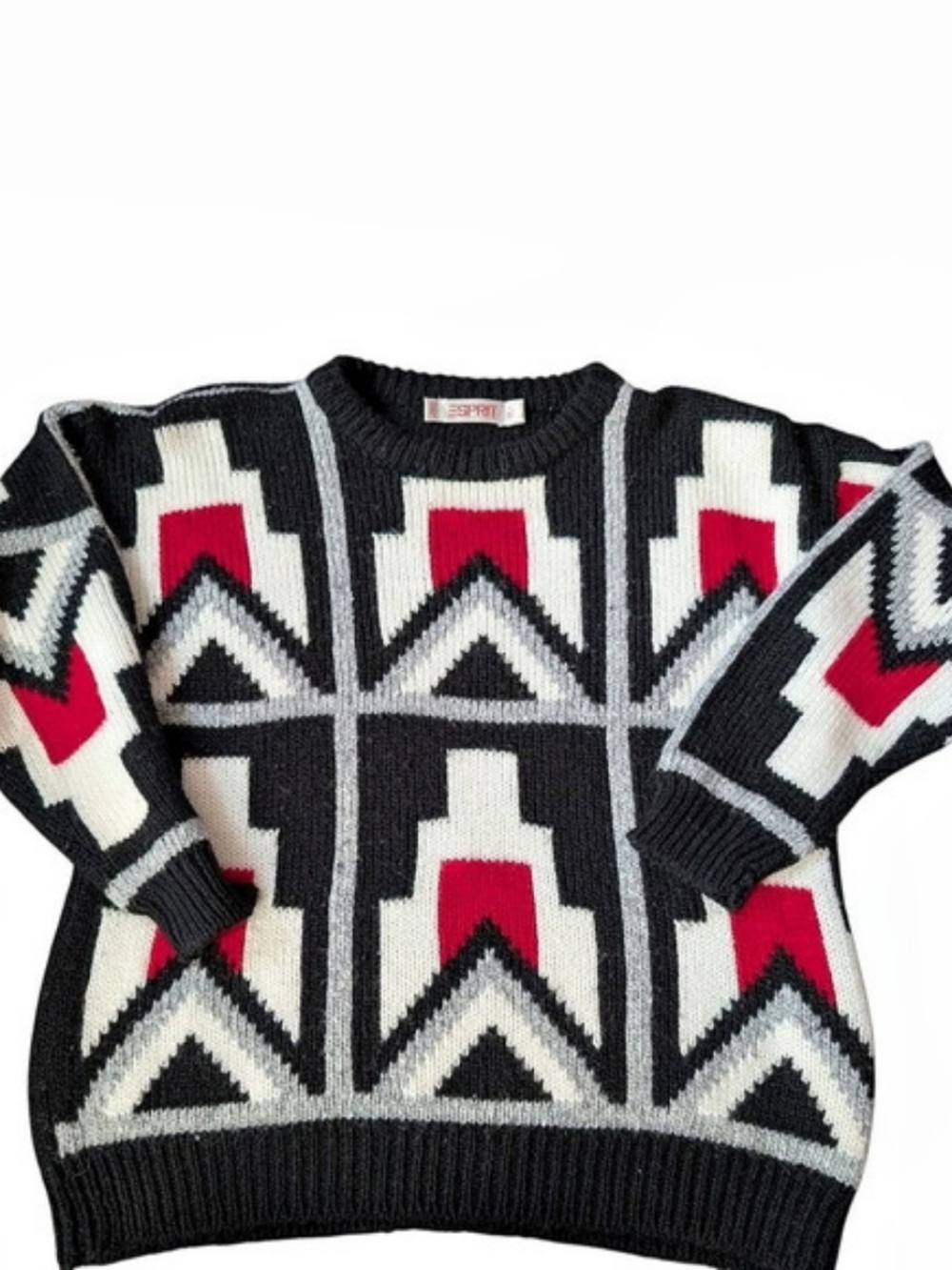 Esprit Geometric Knit Sweater in Black & Red Size Large